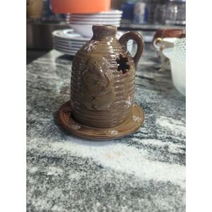Primitive  Vintage Honey & Me Beehive Pottery Snowman Jug & Saucer Candle Holder